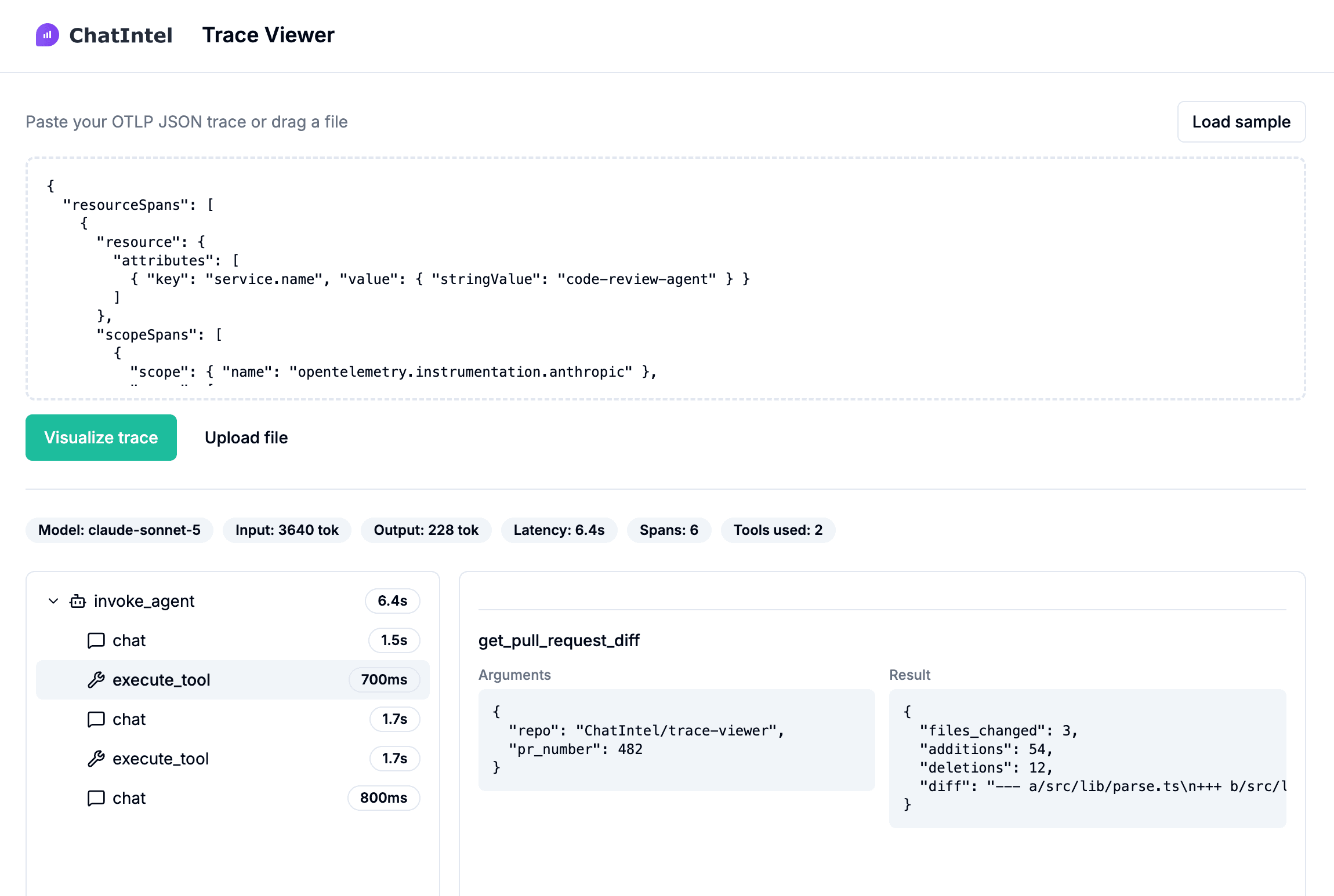 Trace Viewer showing a span tree and tool call inspector for an agent trace
